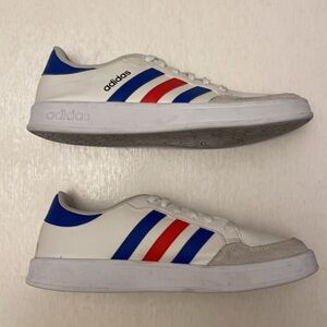Adidas Men's White Sneakers with Red and Blue Stripes Size 9